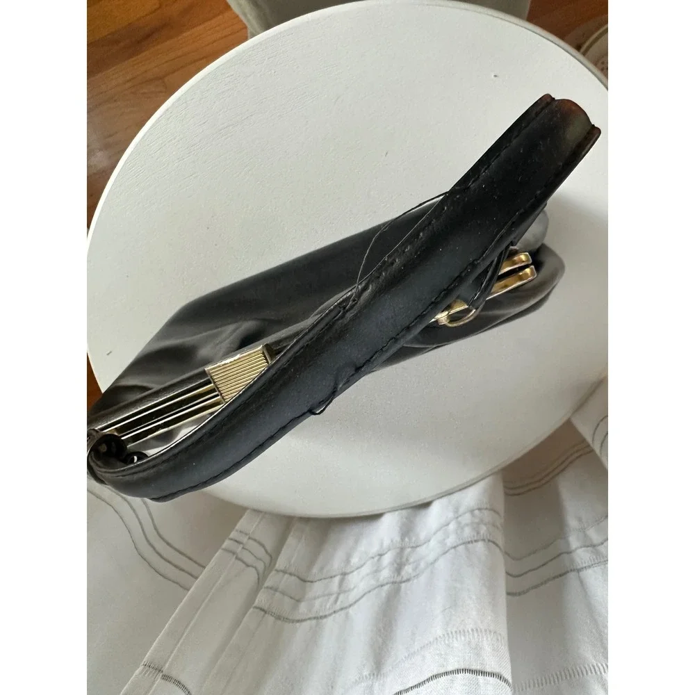 Vintage Black Faux Leather Top Handle Handbag Gold Frame Kiss Lock Mid Century